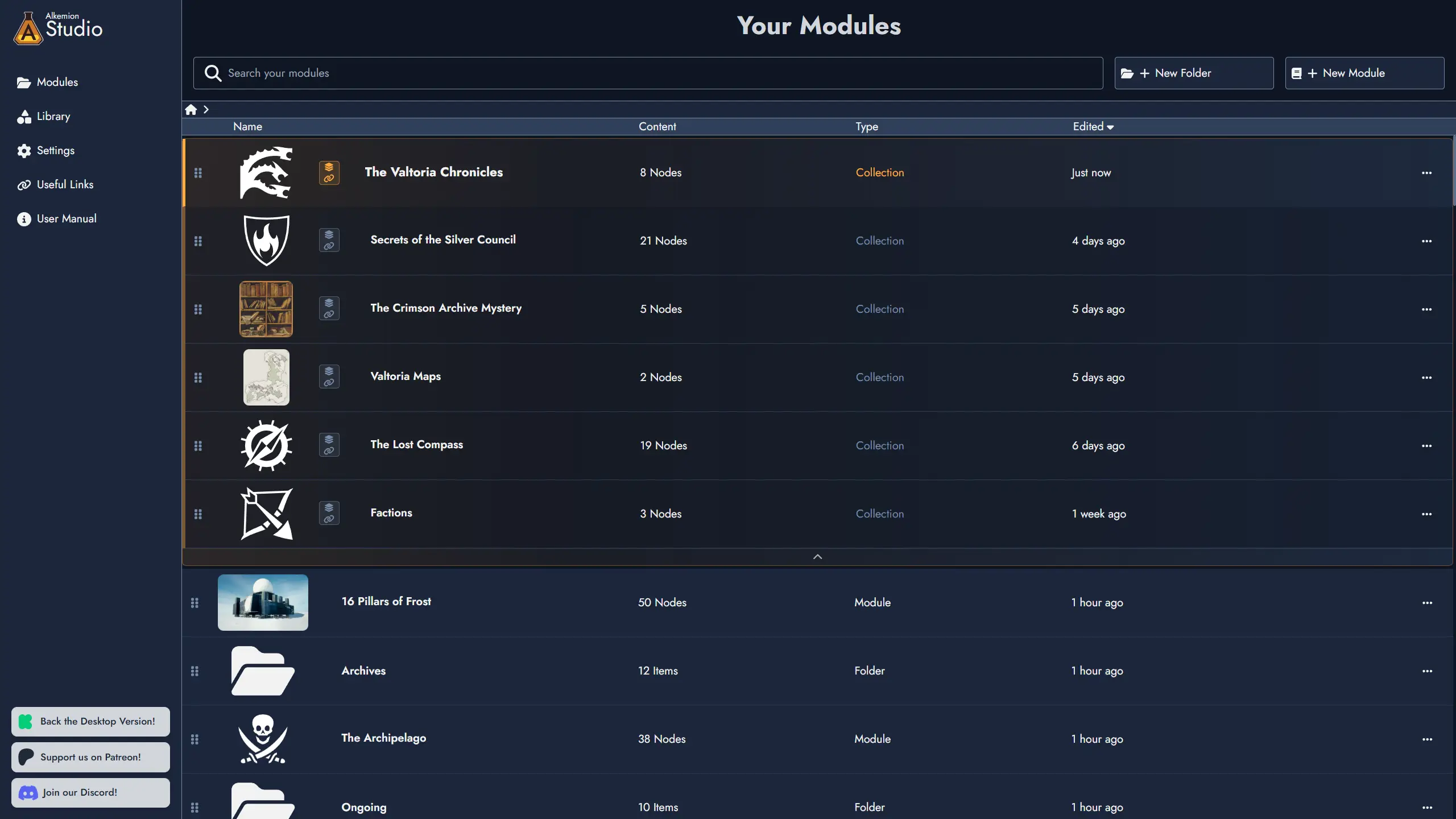 Screenshot of an expanded Module Collection in the Lobby