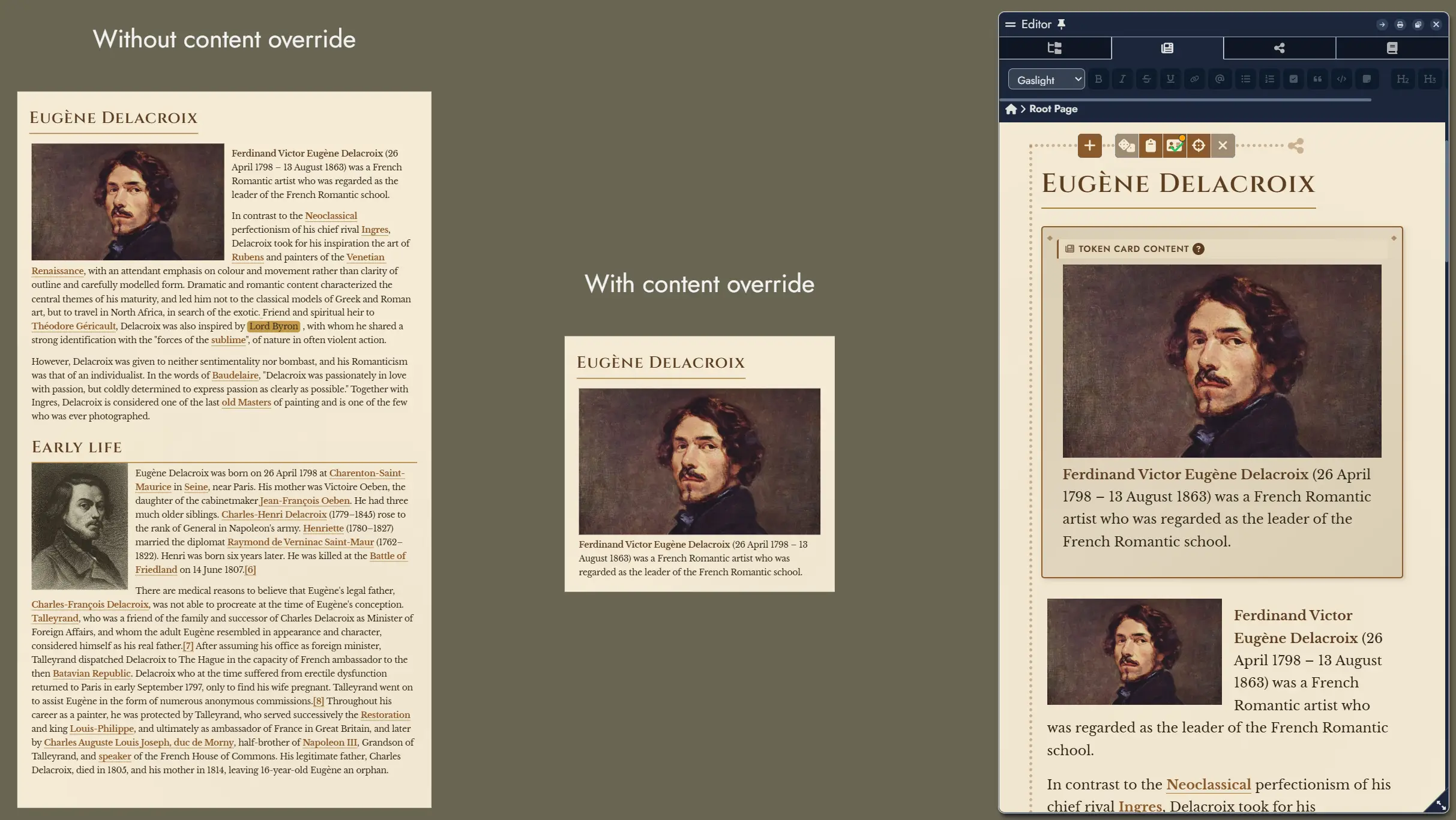 Showcase of different Themes applied to Content Card Tokens